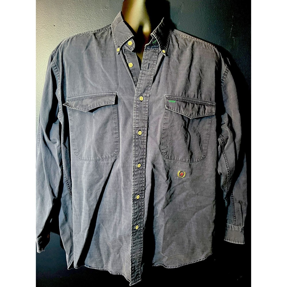 Vintage Tommy Hilfiger Button Down Blue Crest Logo Distressed Look Large
